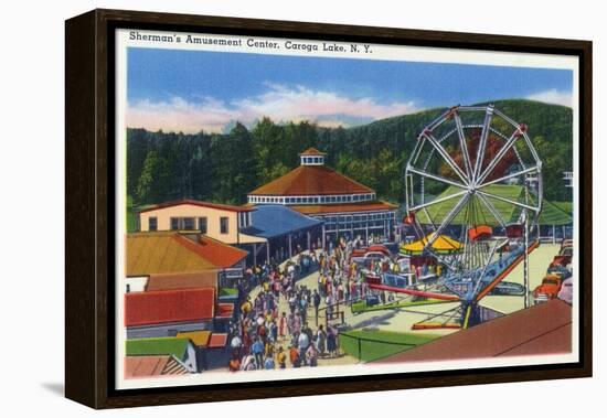 Caroga Lake, New York - Sherman's Amusement Center View-Lantern Press-Framed Stretched Canvas