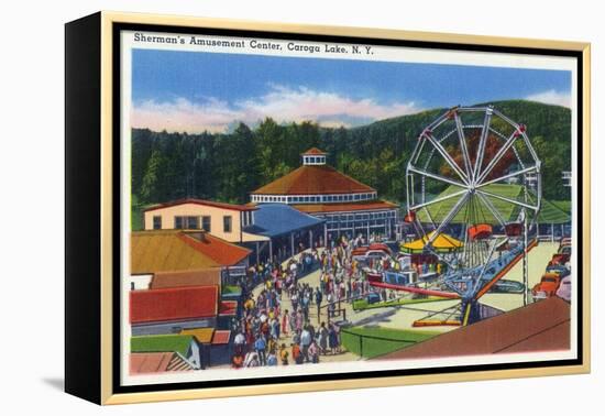 Caroga Lake, New York - Sherman's Amusement Center View-Lantern Press-Framed Stretched Canvas