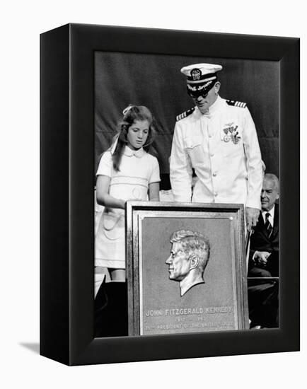 Caroline Kennedy and Capt Earl Yates, Commander of Aircraft Carrier, USS John F Kennedy-null-Framed Stretched Canvas