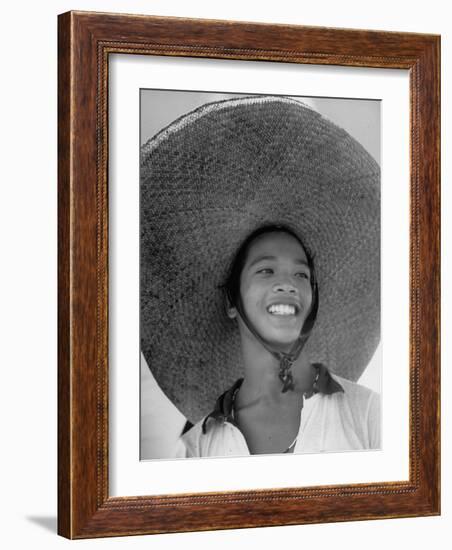 Caroline Native Boy Wearing Huge Straw Hat Made of Pandanus Fiber-Eliot Elisofon-Framed Photographic Print