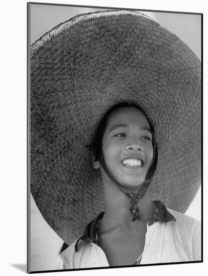 Caroline Native Boy Wearing Huge Straw Hat Made of Pandanus Fiber-Eliot Elisofon-Mounted Photographic Print