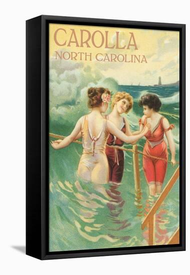 Carolla, North Carolina - Beach Scene with Three Ladies in Swim Attire in Water-Lantern Press-Framed Stretched Canvas