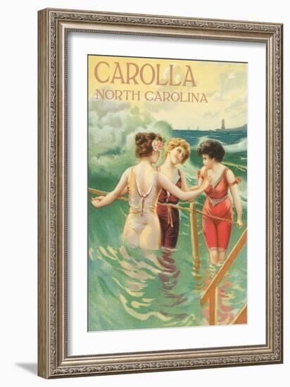 Carolla, North Carolina - Beach Scene with Three Ladies in Swim Attire in Water-Lantern Press-Framed Art Print