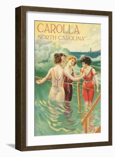 Carolla, North Carolina - Beach Scene with Three Ladies in Swim Attire in Water-Lantern Press-Framed Art Print