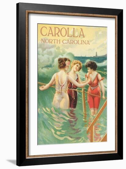 Carolla, North Carolina - Beach Scene with Three Ladies in Swim Attire in Water-Lantern Press-Framed Art Print