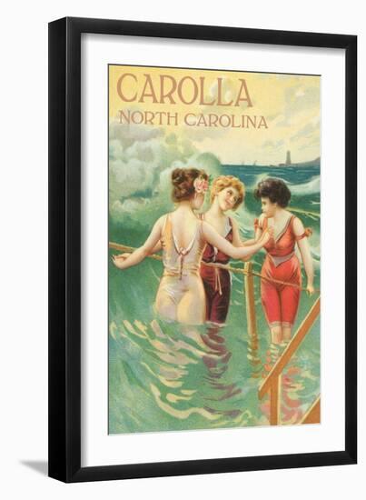 Carolla, North Carolina - Beach Scene with Three Ladies in Swim Attire in Water-Lantern Press-Framed Art Print