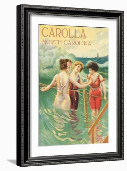 Carolla, North Carolina - Beach Scene with Three Ladies in Swim Attire in Water-Lantern Press-Framed Art Print