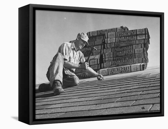 Carpenter Putting Roof on New House That Is Part of a Housing Project-George Skadding-Framed Premier Image Canvas