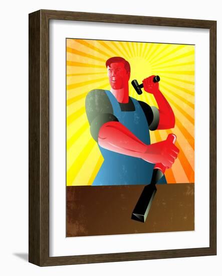 Carpenter Striking Hammer Chisel Poster Retro-patrimonio-Framed Art Print