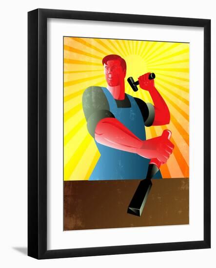 Carpenter Striking Hammer Chisel Poster Retro-patrimonio-Framed Art Print