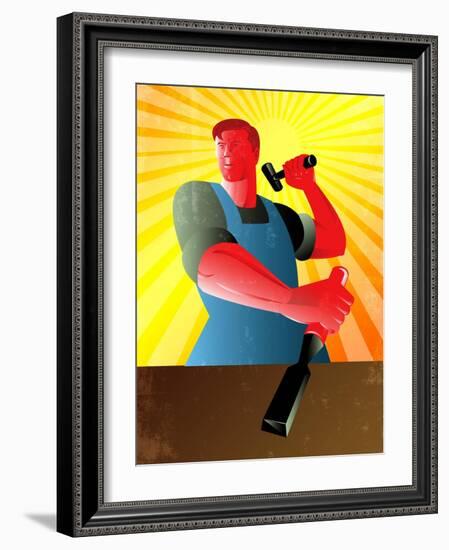 Carpenter Striking Hammer Chisel Poster Retro-patrimonio-Framed Art Print