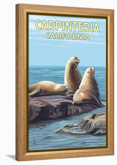 Carpinteria, California - Sea Lions-Lantern Press-Framed Stretched Canvas