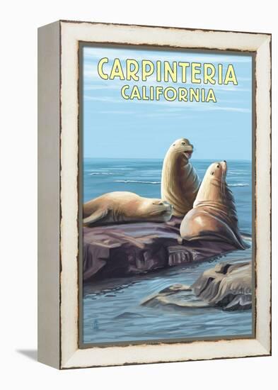 Carpinteria, California - Sea Lions-Lantern Press-Framed Stretched Canvas
