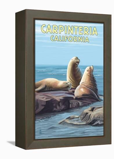 Carpinteria, California - Sea Lions-Lantern Press-Framed Stretched Canvas