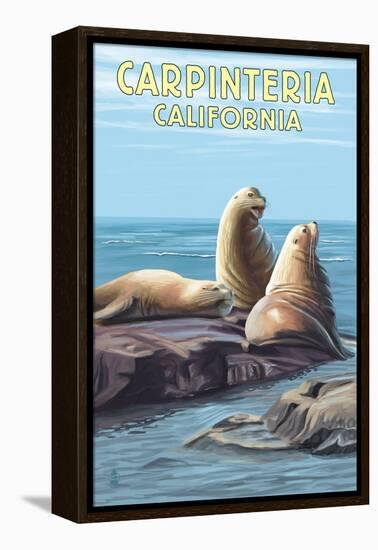 Carpinteria, California - Sea Lions-Lantern Press-Framed Stretched Canvas