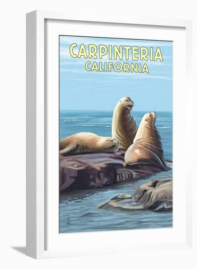 Carpinteria, California - Sea Lions-Lantern Press-Framed Premium Giclee Print