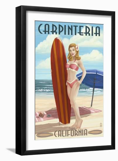 Carpinteria, California - Surfer Pinup Girl-Lantern Press-Framed Art Print