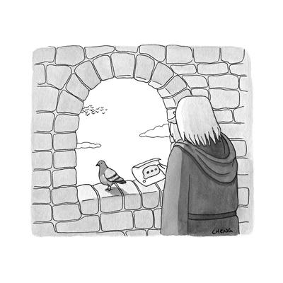 Carrier pigeon brings note that is a text message ellipses. - New Yorker  Cartoon' Premium Giclee Print - Alice Cheng 