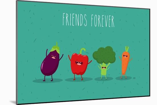 Carrot, Broccoli, Pepper, Eggplant Cartoon Vegetables Illustration. Vector Cartoon. Friends Forever-Serbinka-Mounted Art Print