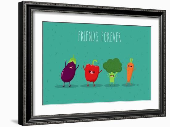 Carrot, Broccoli, Pepper, Eggplant Cartoon Vegetables Illustration. Vector Cartoon. Friends Forever-Serbinka-Framed Art Print