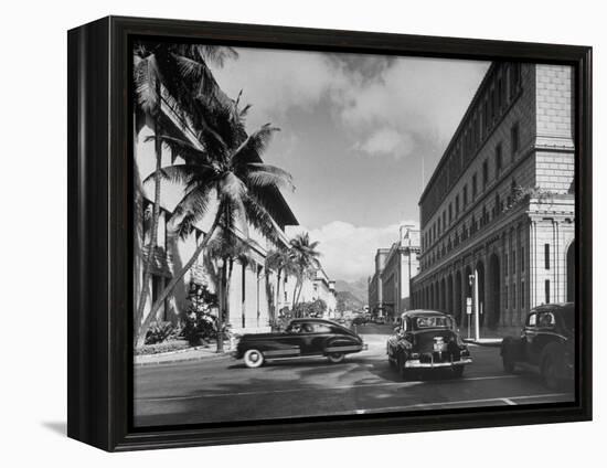 Cars Crossing an Intersection on a Downtown Honolulu Street with Mountains in the Background-null-Framed Premier Image Canvas