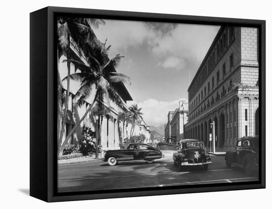 Cars Crossing an Intersection on a Downtown Honolulu Street with Mountains in the Background-null-Framed Premier Image Canvas