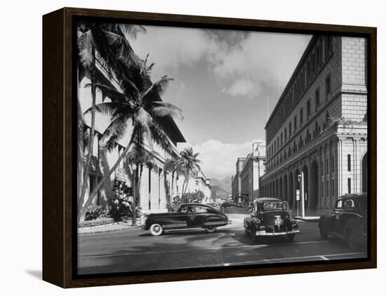 Cars Crossing an Intersection on a Downtown Honolulu Street with Mountains in the Background-null-Framed Premier Image Canvas