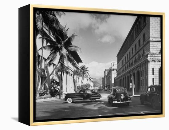 Cars Crossing an Intersection on a Downtown Honolulu Street with Mountains in the Background-null-Framed Premier Image Canvas