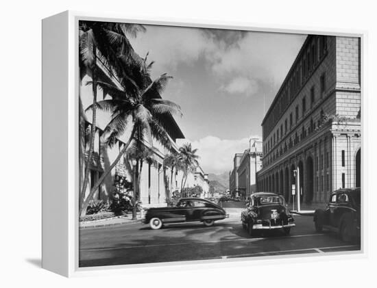 Cars Crossing an Intersection on a Downtown Honolulu Street with Mountains in the Background-null-Framed Premier Image Canvas