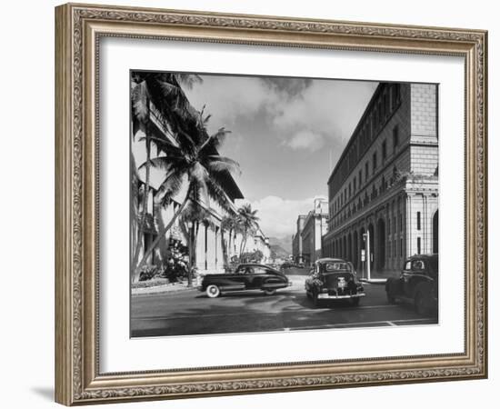 Cars Crossing an Intersection on a Downtown Honolulu Street with Mountains in the Background-null-Framed Photographic Print