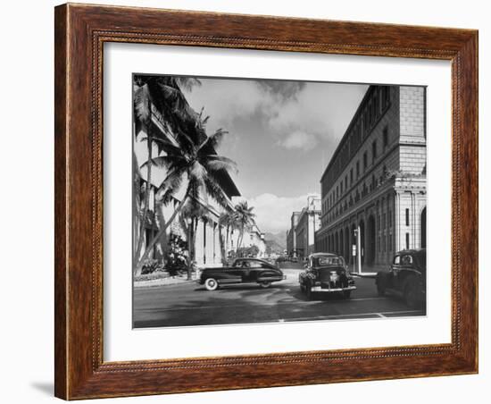 Cars Crossing an Intersection on a Downtown Honolulu Street with Mountains in the Background-null-Framed Photographic Print