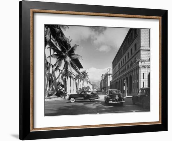 Cars Crossing an Intersection on a Downtown Honolulu Street with Mountains in the Background-null-Framed Photographic Print