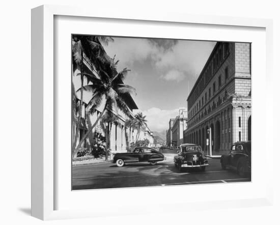 Cars Crossing an Intersection on a Downtown Honolulu Street with Mountains in the Background-null-Framed Photographic Print