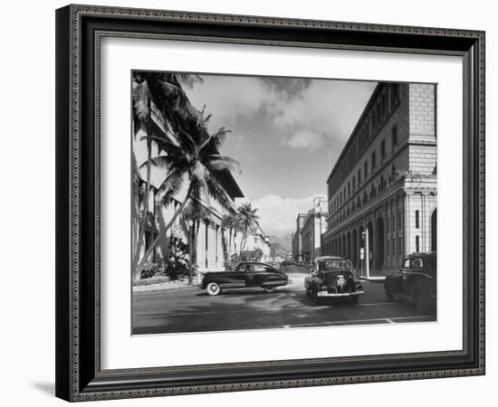 Cars Crossing an Intersection on a Downtown Honolulu Street with Mountains in the Background-null-Framed Photographic Print