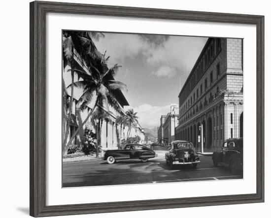 Cars Crossing an Intersection on a Downtown Honolulu Street with Mountains in the Background-null-Framed Photographic Print