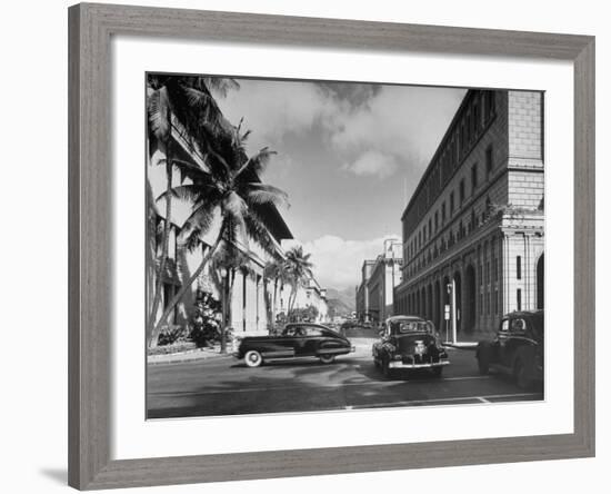 Cars Crossing an Intersection on a Downtown Honolulu Street with Mountains in the Background-null-Framed Photographic Print