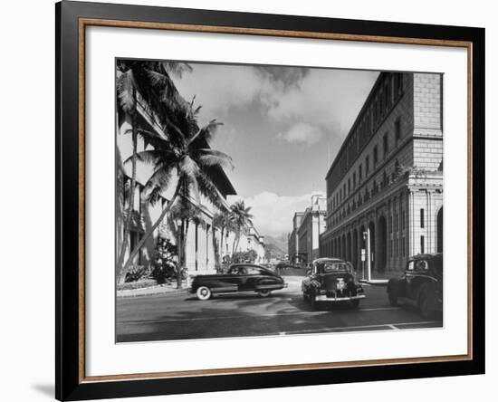 Cars Crossing an Intersection on a Downtown Honolulu Street with Mountains in the Background-null-Framed Photographic Print