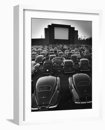 Cars Filling Lot at New Rancho Drive in Theater at Dusk Before the Start of the Feature Movie-Allan Grant-Framed Premium Photographic Print