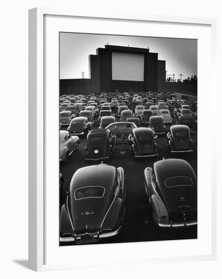 Cars Filling Lot at New Rancho Drive in Theater at Dusk Before the Start of the Feature Movie-Allan Grant-Framed Premium Photographic Print