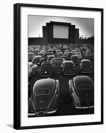 Cars Filling Lot at New Rancho Drive in Theater at Dusk Before the Start of the Feature Movie-Allan Grant-Framed Premium Photographic Print