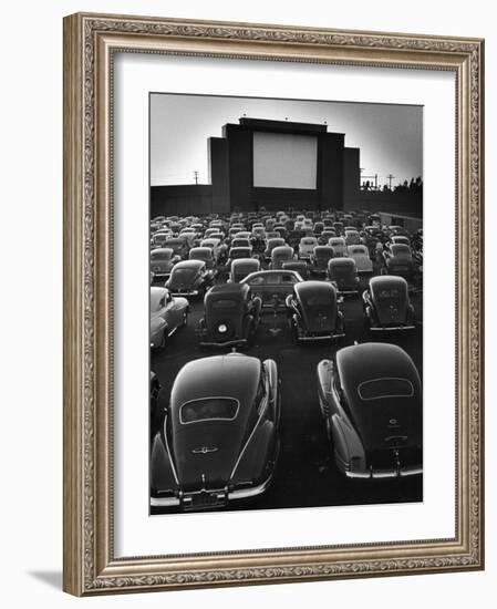 Cars Filling Lot at New Rancho Drive in Theater at Dusk Before the Start of the Feature Movie-Allan Grant-Framed Photographic Print