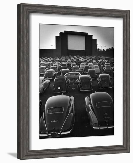 Cars Filling Lot at New Rancho Drive in Theater at Dusk Before the Start of the Feature Movie-Allan Grant-Framed Photographic Print