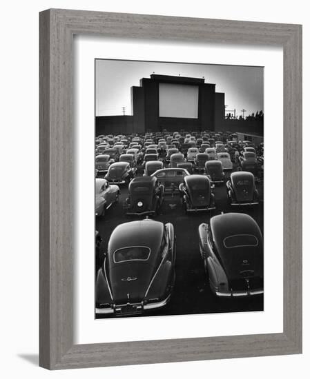 Cars Filling Lot at New Rancho Drive in Theater at Dusk Before the Start of the Feature Movie-Allan Grant-Framed Photographic Print