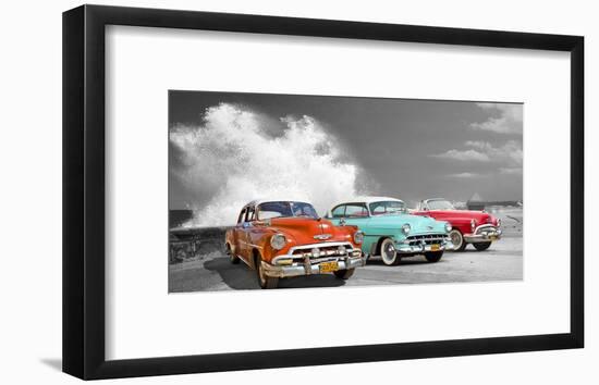 Cars in Avenida de Maceo, Havana, Cuba (BW)-Pangea Images-Framed Giclee Print