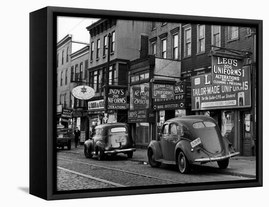Cars Parked in Front of Four Navy Uniform Stores on Sand Street-Andreas Feininger-Framed Premier Image Canvas