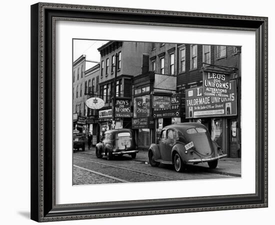 Cars Parked in Front of Four Navy Uniform Stores on Sand Street-Andreas Feininger-Framed Photographic Print