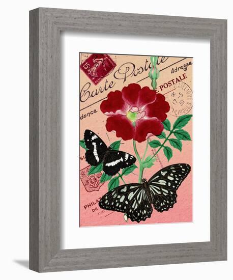 "Carte Postale" Red Butterfly Botanical Collage-Piddix-Framed Art Print