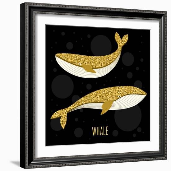 Cartoon Abstract Whale Set. Golden Glitter Texture. Nature, Sea Animal and Wildlife Theme. Vector W-vanillamilk-Framed Art Print