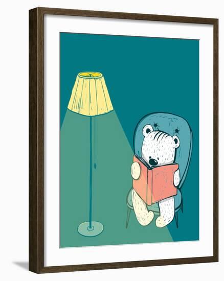 Cartoon Baby Bear Reading a Book. Hand Drawn Childish Bear Reading. Vector Illustration.-Popmarleo-Framed Art Print