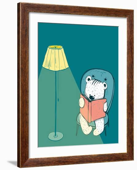 Cartoon Baby Bear Reading a Book. Hand Drawn Childish Bear Reading. Vector Illustration.-Popmarleo-Framed Art Print